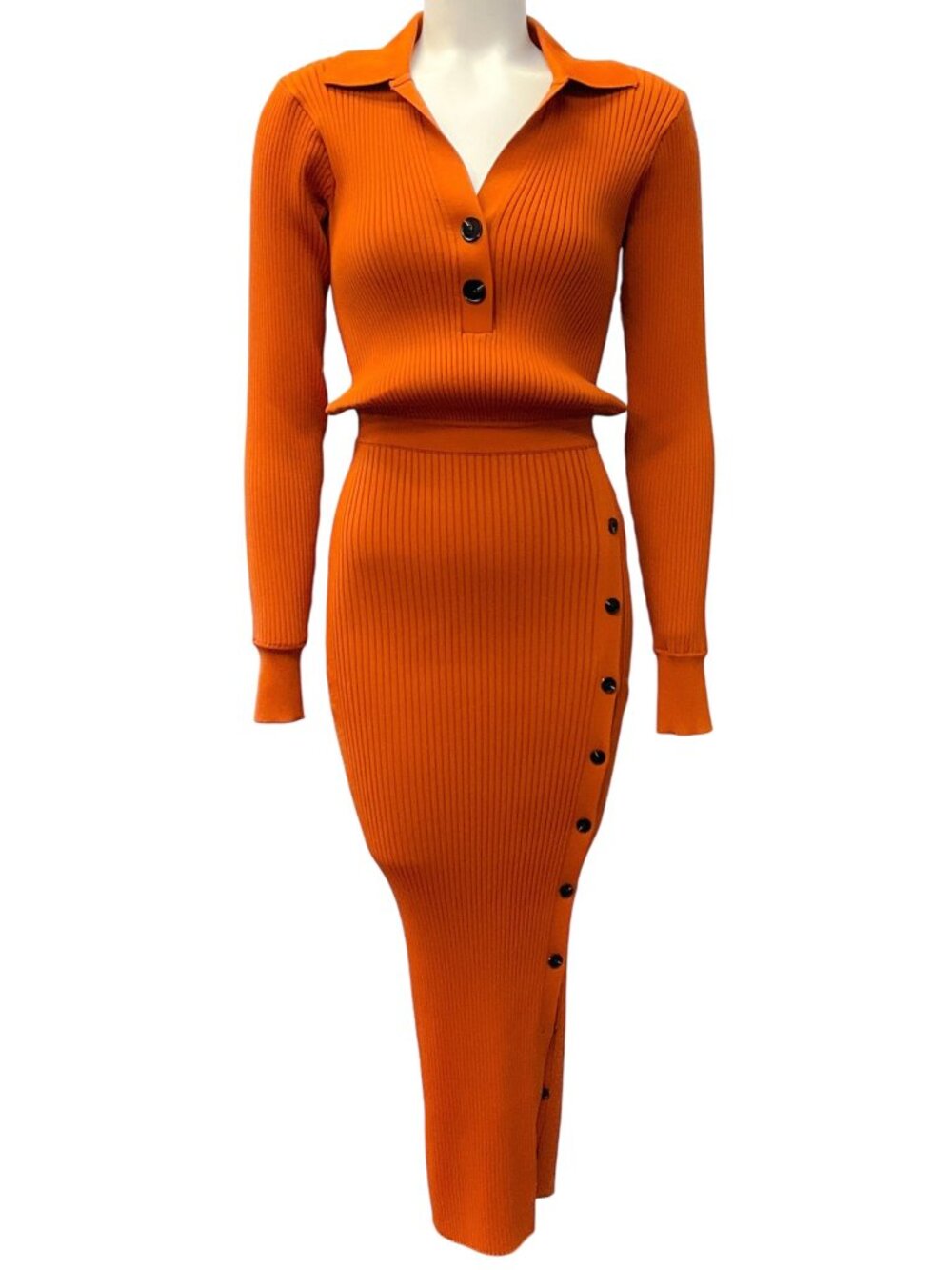 Self-Portrait Orange Ribbed Midi Dress with Buttons